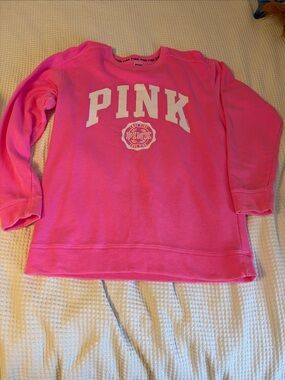 PINK Victoria's Secret Bright Pink Crew Sweatshirt with White Logo